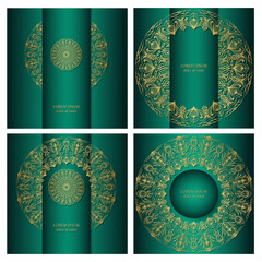 Set of four green coloured square backgrounds with a gold mandala. Ethnic ornament in lavish design of cards, invitations, packaging. 