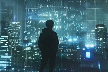 hacker breaking digital systems copy space, cyber expert, realistic, silhouette, hightech lab