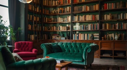 A warm and cozy home library, a royal green and crimson sofa in front of the library, a cozy and pleasant atmosphere, pots with large and attractive leaves