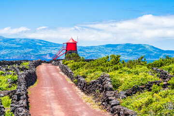 Windmill in vineyard culture among volcanic rocks and dirt road, Pico island, Azores, Portugal