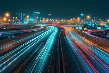 Fototapeta premium Urban highway with high speed traffic during evening rush hour, car headlights and busy night transport, motion blur