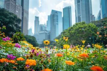 Vibrant cityscape with lush greenery and bright flowers in the foreground, merging urban and nature element