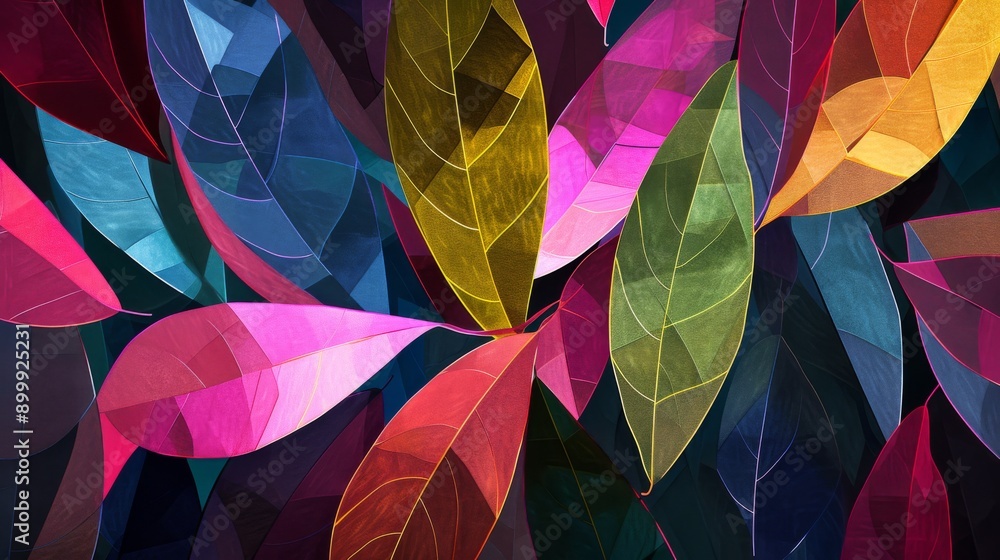 Poster a stunning abstract illustration featuring a vibrant multicolored leaf pattern. the design showcases