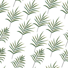 Pattern with green tropical leaves. Seamless hand drawn illustration.