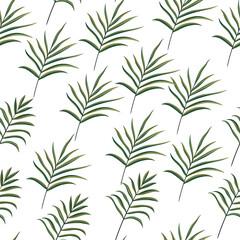 Pattern with green tropical leaves. Seamless hand drawn illustration.
