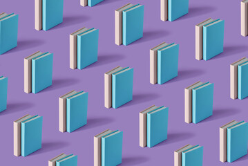 Pattern of two color books on a pastel purple background with soft shadow, copy space. Book Lovers Day concept