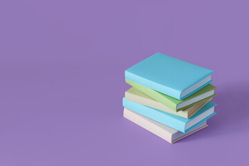 Stack of colorful books on a pastel purple background with soft shadow, copy space. Book Lovers Day concept