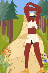 Jogging, running people. Active healthy joggers, runners training in the city park, in the woods, on summer vacation. Athletic women working outdoors. Flat vector illustration
