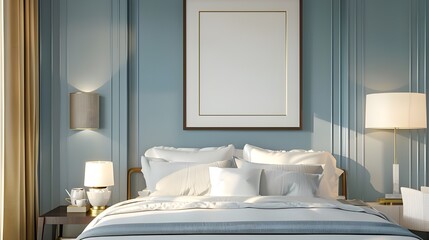 Minimalist bedroom with light blue walls, white bedding, and a large framed artwork