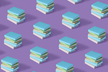 Pattern of stack of colorful books on a pastel purple background with soft shadow, copy space. Book...