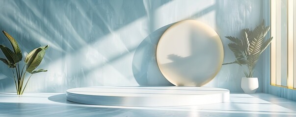 Abstract blue background with podium for product display in sunlight through windows
