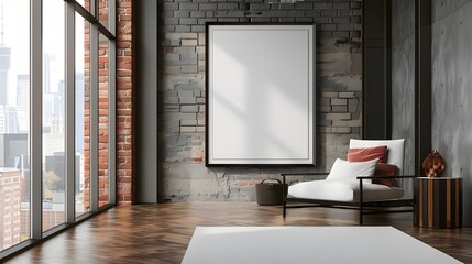 Modern loft with exposed brick walls, large windows, and minimalist decor with empty wall Frame