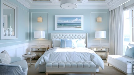 Elegant bedroom with light blue walls, white furniture, and coastal-themed decor.
