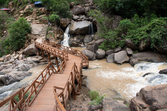 picturesque foot bridge of the river gorge at lodh waterfalls inside "palamou tiger reserve," latehar, jharkhand, india