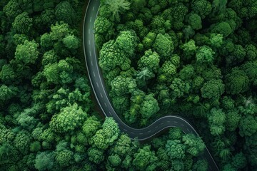 Winding road through a green forest, aerial view, sustainability journey, high resolution and detailed