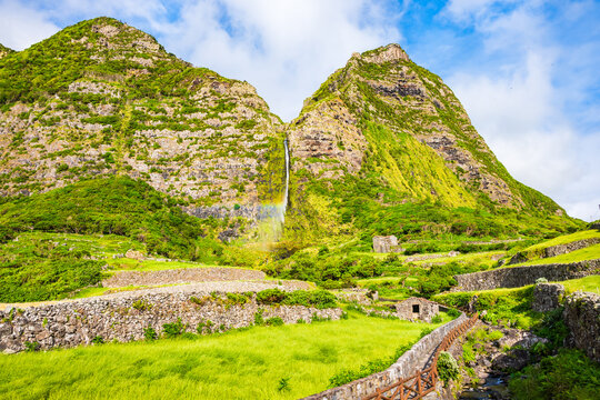 Beautiful Faja Grande beach on western coast of Flores island, Azores, Portugal