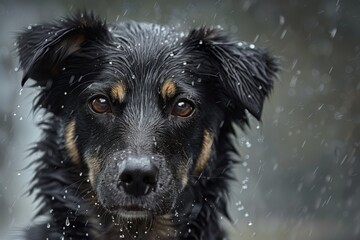 wet dog in the rain. pet loyalty