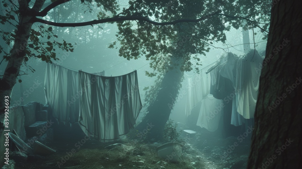 Poster white clothes hang on lines in a foggy forest, creating a mysterious and serene atmosphere. the fog 