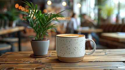 Modern co-working building relaxation lounge are or spacious bright cafe. Closeup to wooden table with chairs and blurred background with cafe area and barista serving organic drinks
