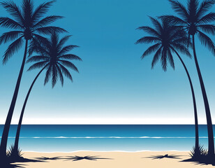 Fototapeta premium Beach view with silhouettes of coconut trees shades of blue, flat design - generated by ai