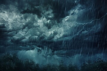 A menacing dark stormy sky filled with thick clouds and rain pouring down, Rain articulating the melancholy with dark clouds and lightning, AI Generated