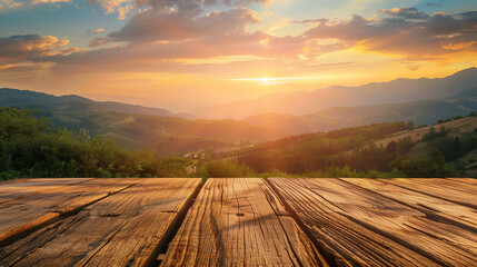 Early morning in the mountains with a wooden table prominently displayed in the foreground.