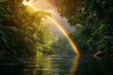 A vibrant rainbow arching across the sky, perfectly aligned with a flowing river below, Rainbow arching over a display of a rainforest river, AI Generated