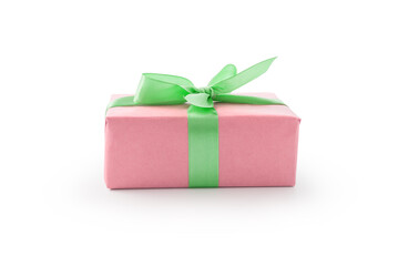 Pink paper present box with green ribbon bow isolated on white background