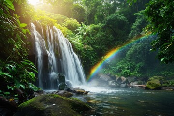 A stunning waterfall with a vibrant rainbow cascading down the middle, creating a spectacular sight, Rainbow arching over a waterfall in a dense forest, AI Generated