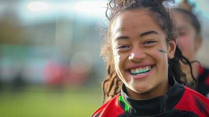Rugby football woman player holds ball. Sports banner. Horizontal copy space background