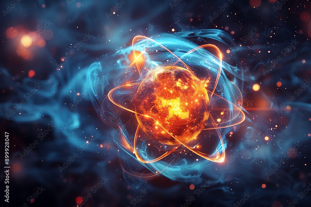 Poster vibrant illustration of glowing atom structure with dynamic energy and swirling electrons in a cosmi
