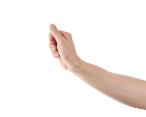 Adult man hand hold something isolated on white background