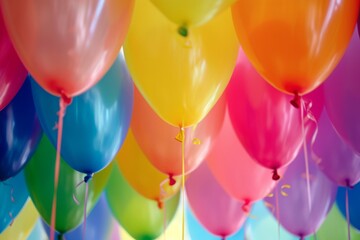 A colorful assortment of balloons suspended in the air, creating a vibrant display, Rainbow-colored birthday balloons, AI Generated