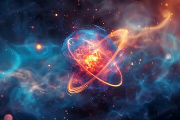 Obraz premium Vibrant abstract depiction of atomic structure with colorful cosmic elements and glowing energy in a space-inspired digital art background.