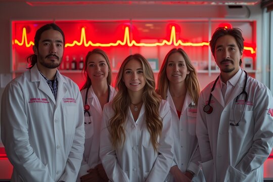 A group of medical professionals, composed of both men and women, standing confidently in a hospital setting while dressed in lab coats, exuding professionalism and teamwork.