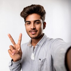 Fototapeta premium a man Peace Hand Gestures on white background, concept of success and victory