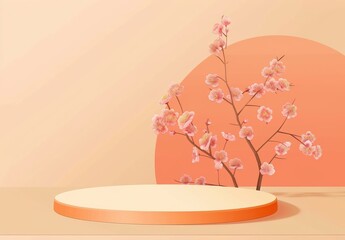 Chinese New Year podium with plum blossoms on orange background. 3D Rendering Mock up