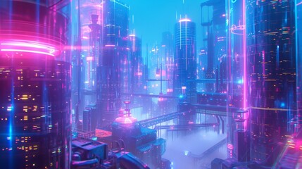 Obraz premium Glowing neon lights illuminate a futuristic cityscape with towering skyscrapers. The advanced urban environment, bathed in vibrant pink and blue hues, showcases a high-tech, sci-fi aesthetic.