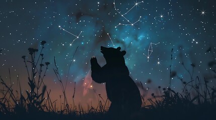 Create a whimsical scene with a bear silhouette reaching toward star constellations.