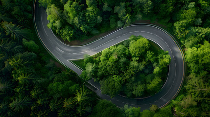 Aerial shot of a winding road cutting through a lush green forest.