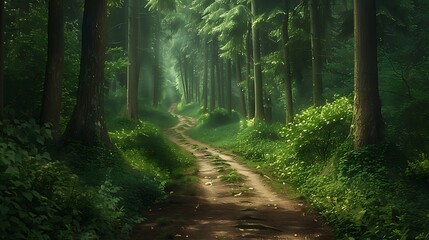 Obraz premium Create a winding forest path flanked by tall trees, leading into the unknown.
