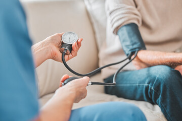 Nurse, elderly patient and blood pressure in house, retirement home and check up with medical...