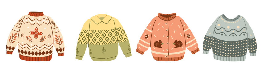 Set of sweaters warm autumn and winter vector illustration.  Hand draw illustration. Fall season. Warm knitted sweater vector flat illustration. 