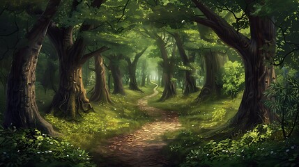 Create a winding forest path flanked by tall trees, leading into the unknown.