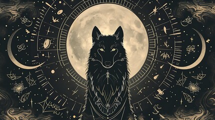 Create a wolf silhouette surrounded by mystical symbols under a crescent moon.