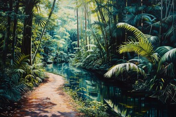 Naklejka premium This photo depicts a painting showcasing a path cutting through a dense jungle, Rainforest river painting a pathway amidst the vibrant undergrowth, AI Generated