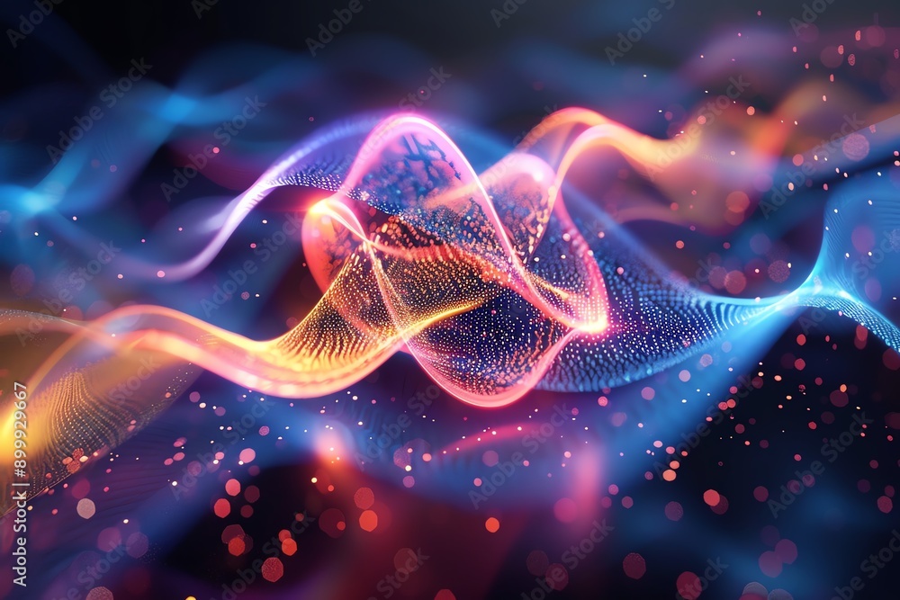 Poster Abstract colorful digital wave background with dynamic, flowing lines and particles. Perfect for technology, science, and futurism concepts.