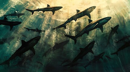 Create an abstract composition with multiple shark silhouettes converging, suggesting a feeding frenzy.