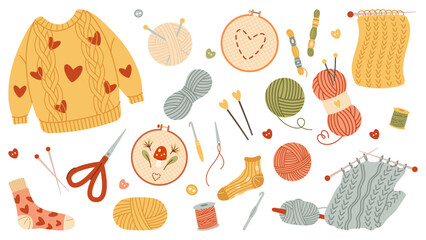 Set of tools for hobby. Set of wool yarn balls knitting flat,  embroidery needlework, canvas, hoop, thread a needle, floss, scissors, flat vector graphics. Cozy comfortable lifestyle, winter and autum