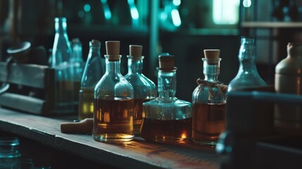 A collection of assorted glass bottles filled with various liquids in a rustic laboratory setting. The scene is illuminated with soft, ambient lighting, creating a vintage and scientific atmosphere